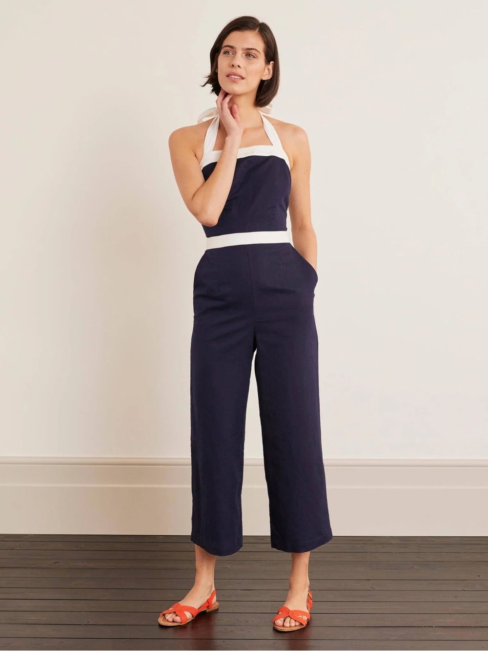 Boden Santorini Halter Wide Neck Linen Blend Jumpsuit